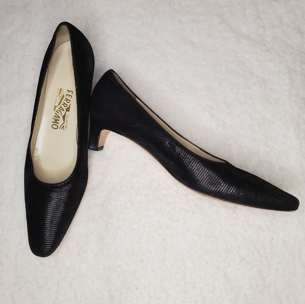 Salvatore Ferragamo Black Shiny Suede Pumps